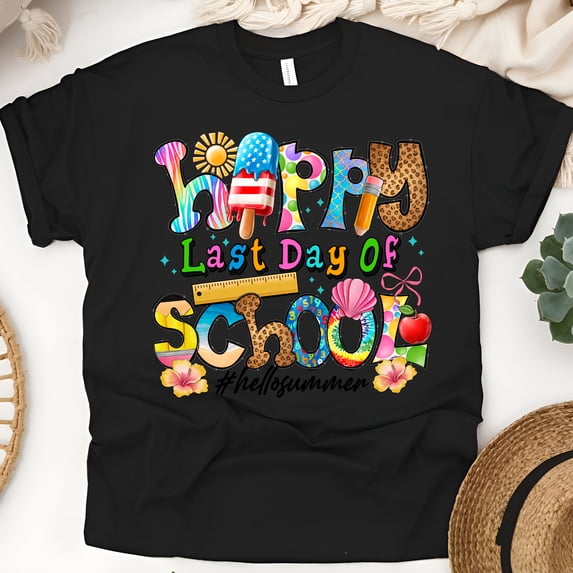 Happy Last Day of School T-Shirt – Fun Summer Teacher Graphic Tee, Black, Size 3XL