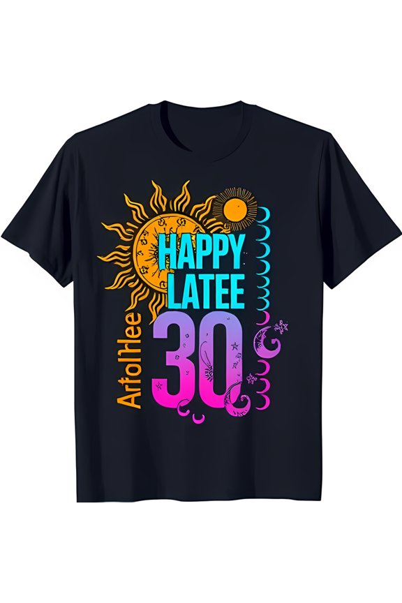 Happy Late 30's Black T-Shirt with Colorful and Stars Design