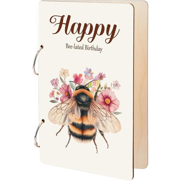 Happy Be Lated Birthday Greeting Card Organizer Bee Birthday Journal Keeper Flowers Planner Cards Holder Wooden Card Keeper Binder Photo Album with 2-Rings for diy making