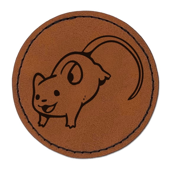 Happy Leaping Mouse Rodent Gerbil Round Iron-On Engraved Faux Leather Patch Applique - 2.5 Inch - Brown