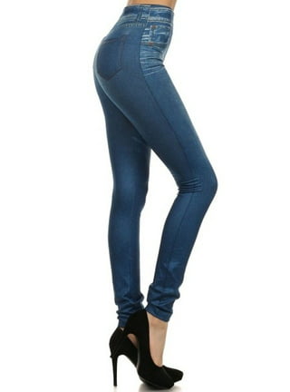 XFLWAM Fleece Lined Jean Look Leggings Jeggings for Women High Waist Tummy  Control with Back Pockets, Denim Print Fake Jean Dark Blue M 