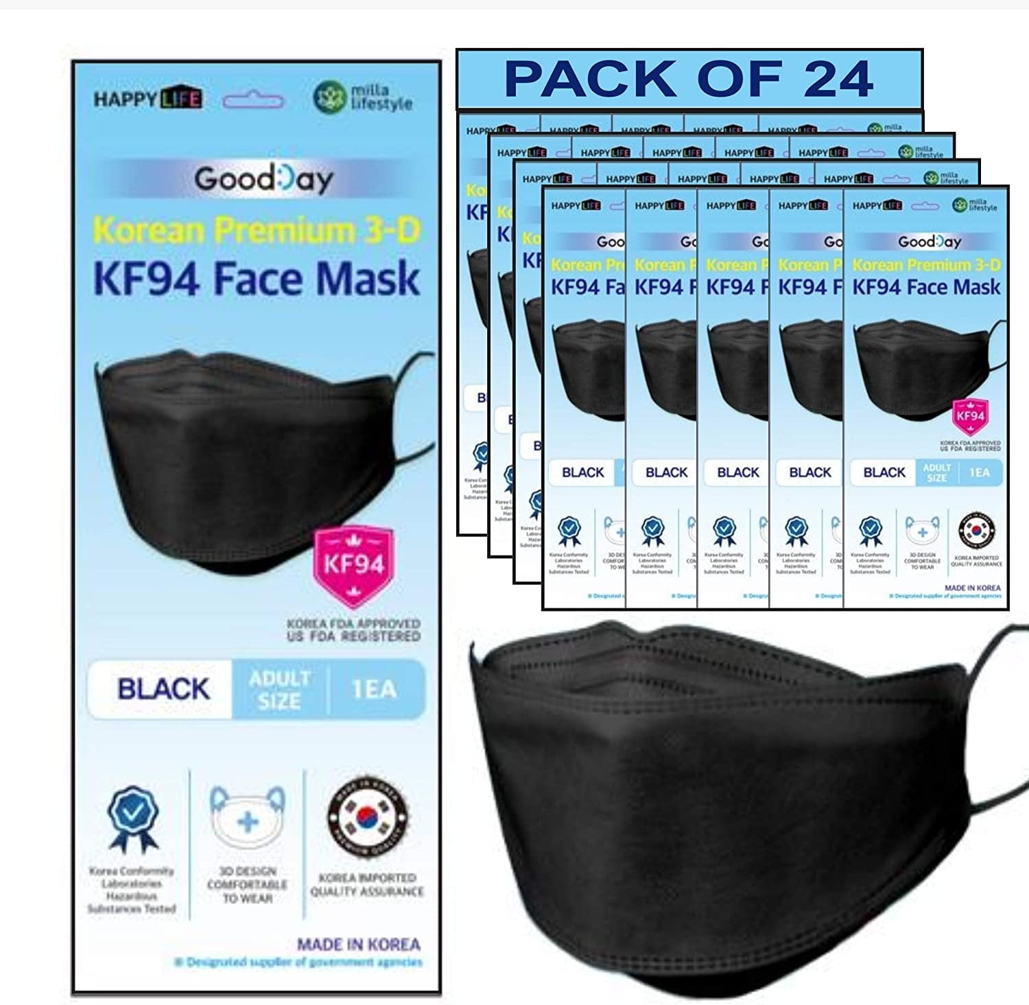 FLEXMON Premium KF94 Black Face Mask 3D Ergonomic Tri-Folded