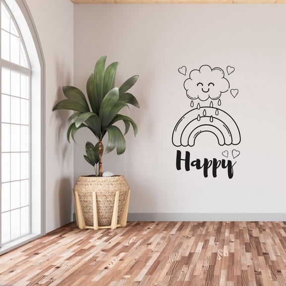 Happy - Life Reminder Cute Rainbow Pattern And Smiling Cloud Design Vinyl Wall Art Wall Sticker Wall Decal Home Kids Room Study Room Boys Girls Room Wall Décoration Design Décor Size (10x8 inch)