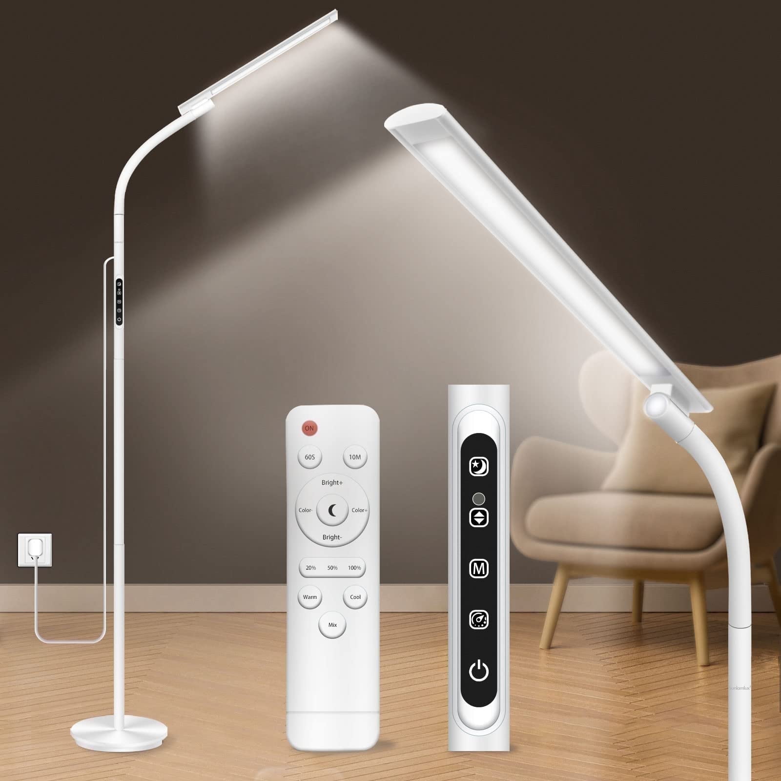 Light Therapy Lamp, UV-Free 10000 Lux Sun Lamp, Daylight Lamp with 2 in 1 Floor & Desk Lamp, 5 Brightness & 5 Color with Touch Control & Remote for Reading/Relaxing/Study