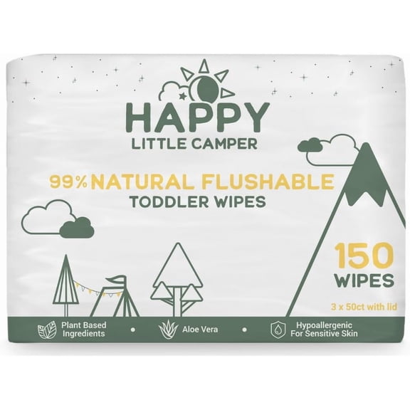 Happy Little Camper Natural Flushable Wipes, Unscented, 150 Count