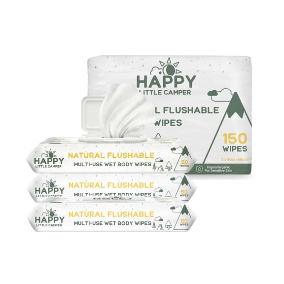 Flushable Multi-Use Wipes for Outdoors & Travel Septic & Sewer Safe, Biodegradable Flushable Wet Wipes for Camping, Hiking, RV & Adventure - 3 x 50 Count Packs (150 Count Total)
