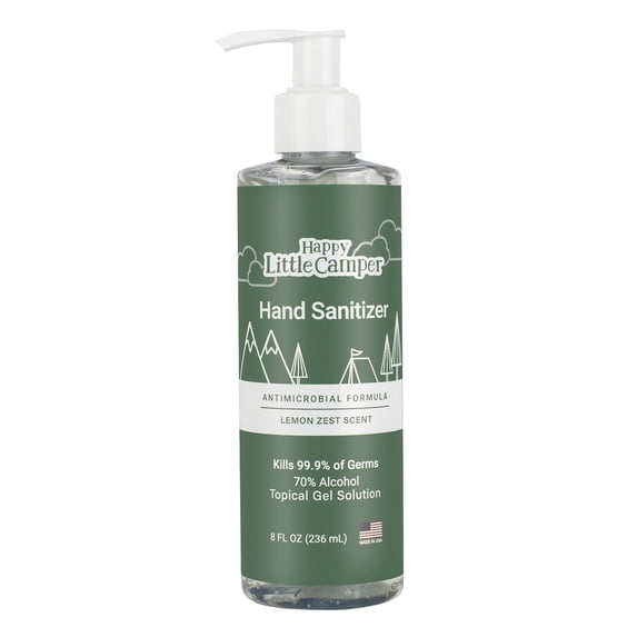 Happy Little Camper Hand Sanitizer with Lemon Zest Scent – Moisturizing Clear Gel with Vitamin E – Contains 70% Ethyl Alcohol – Travel Size, Made in USA – 8 fl oz (236 ml)