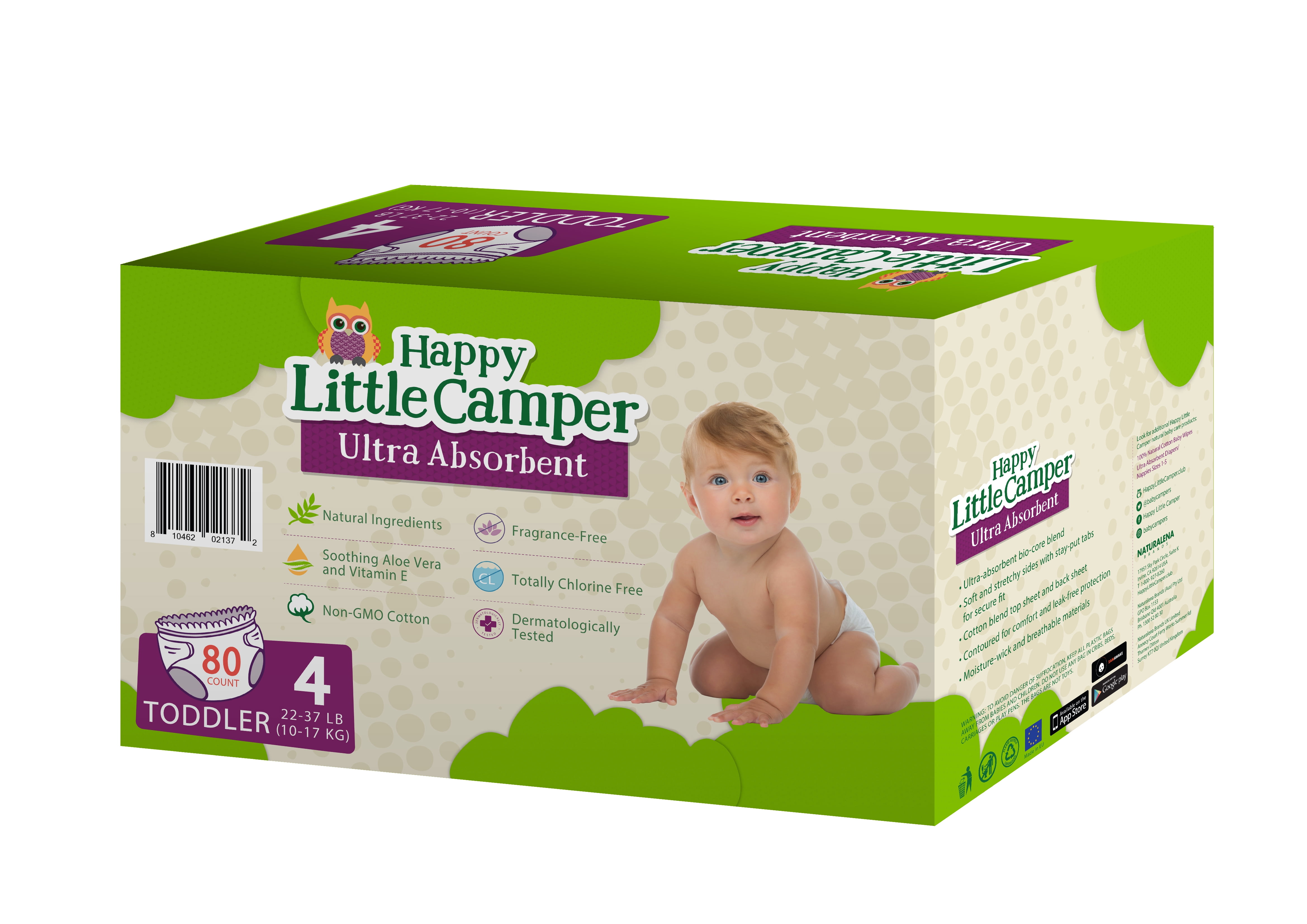 Happy Little Camper Natural Diapers, Size 4, 72 Diapers Packaging Might ...