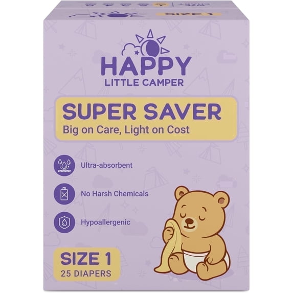 Happy Little Camper Super Saver Baby Diapers, Size 1, 25 Count