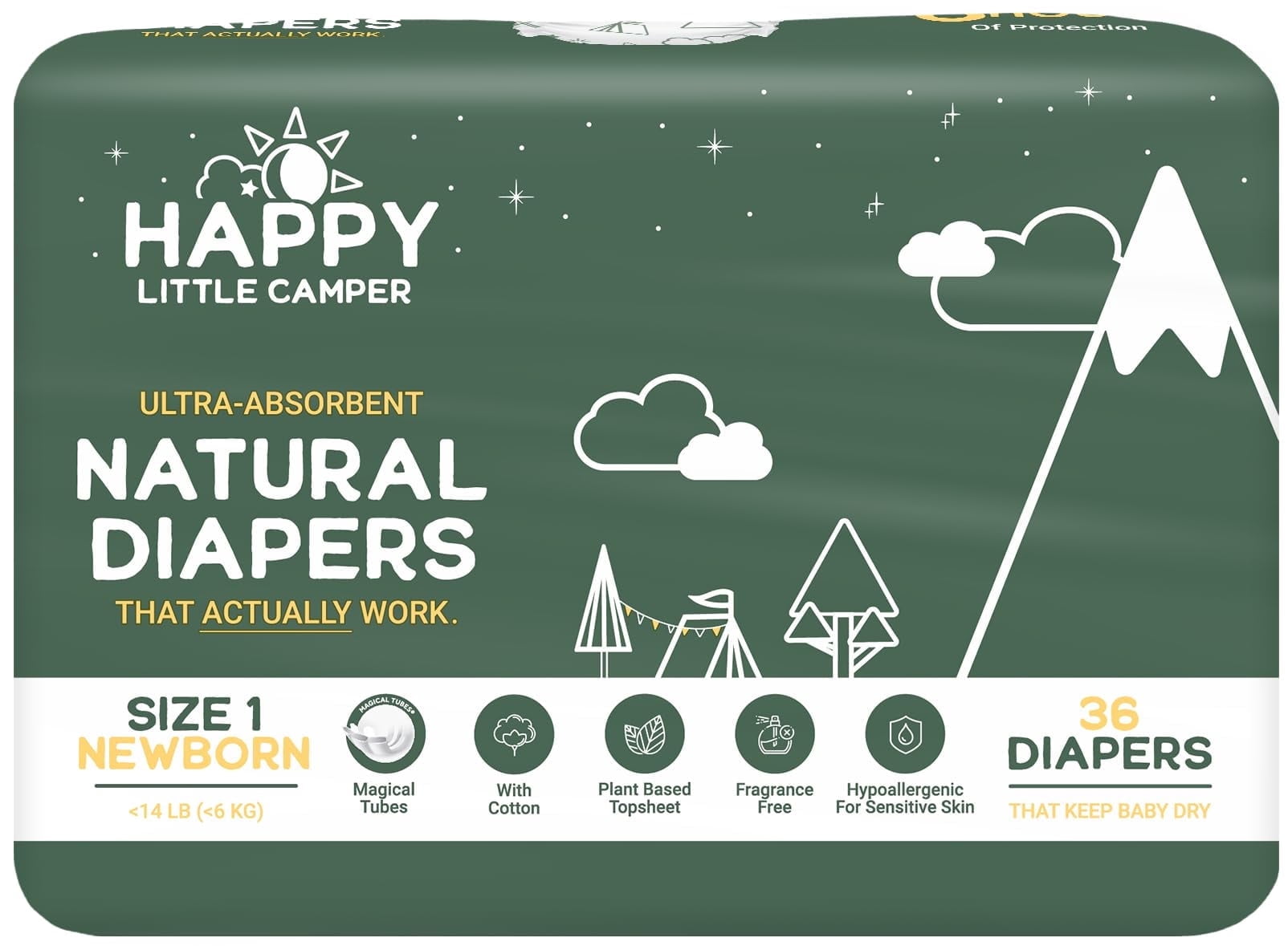 Happy Little Camper Ultra-Absorbent Natural Baby Diapers Size 1 - Hypoallergenic & Chlorine-Free Disposable Diapers Safe for Sensitive Skin - Unscented Newborn Diapers - 36 Count