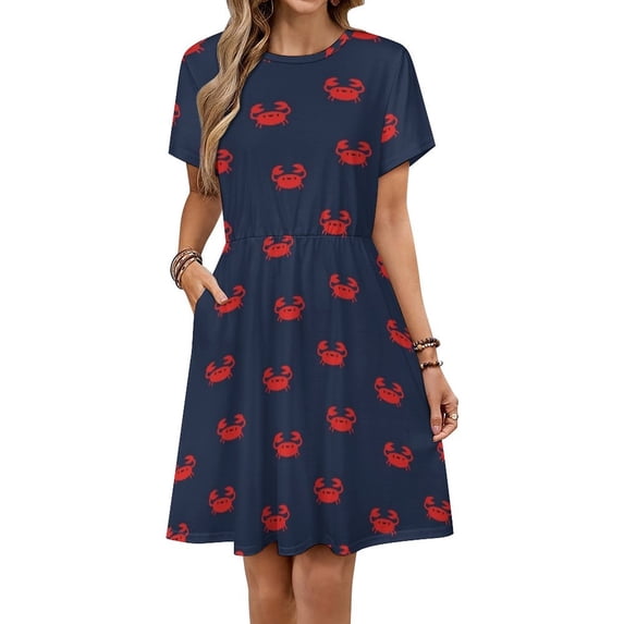 Happy Little Crabs - Navy Blue Sundress Short Sleeve Dress Summer Women Clothes Dress for Women Dresses