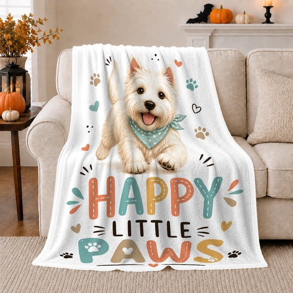 Happy Little Paws Westie Dog Cheerful Pet, Playful Pet Portrait Pattern, Warm Flannel Blanket for Living Room and Bedroom, Dog Lovers Christmas Gift, Pet Lover Home Decor