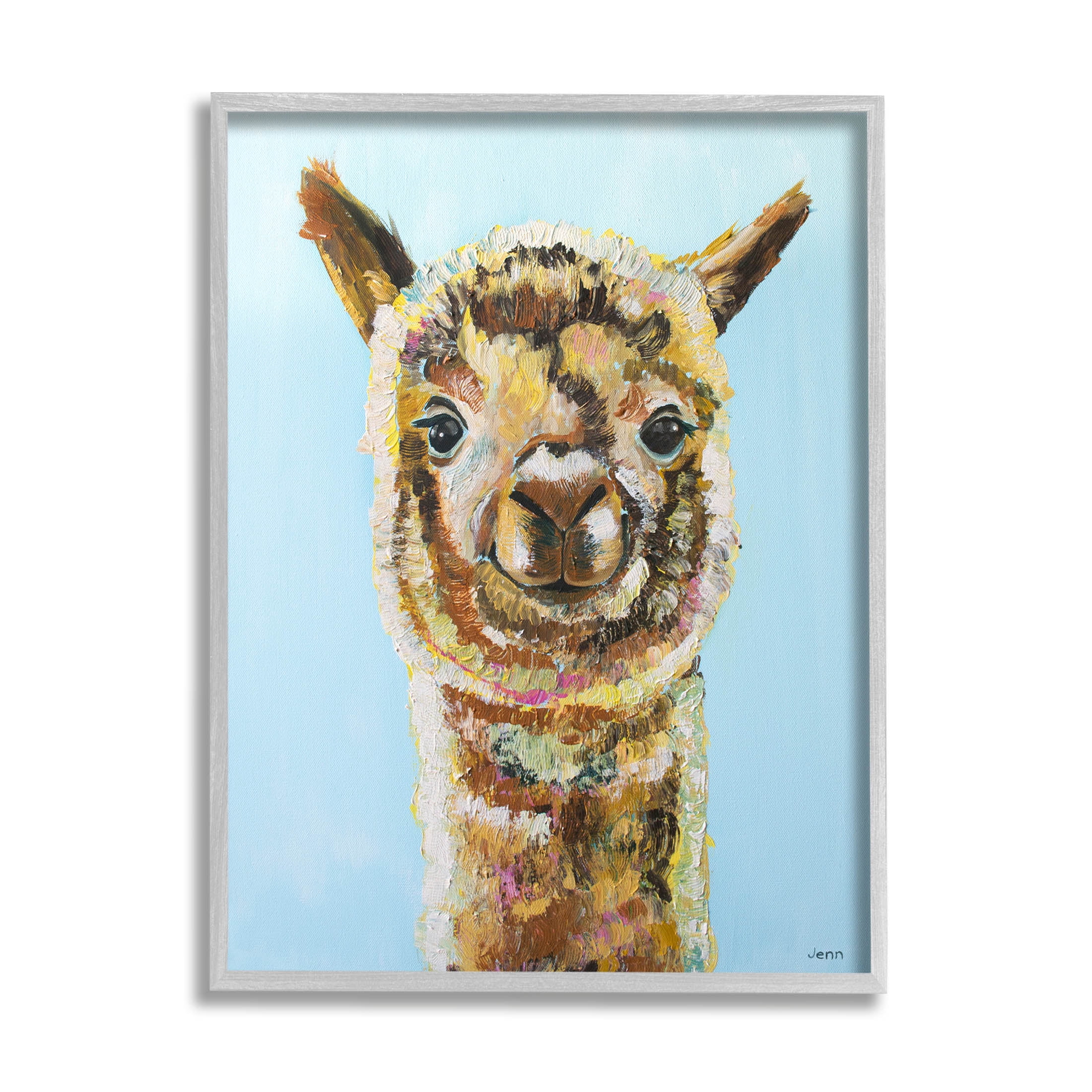 Happy Llama Farm Animal Face Animals & Insects Painting Gray Framed Art Print Wall Art