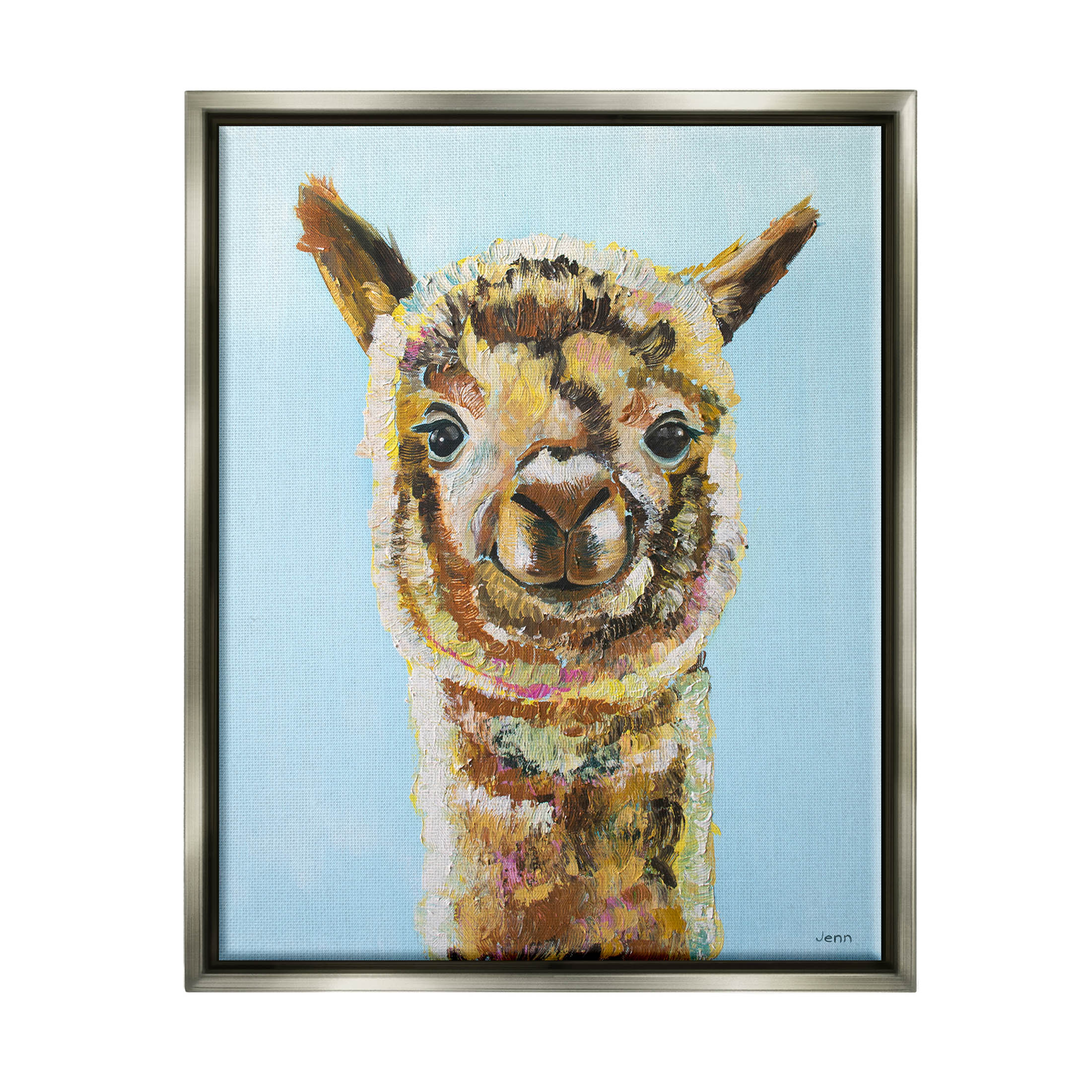 Happy Llama Farm Animal Face Animals & Insects Painting Luster Gray Framed Art Print Wall Art