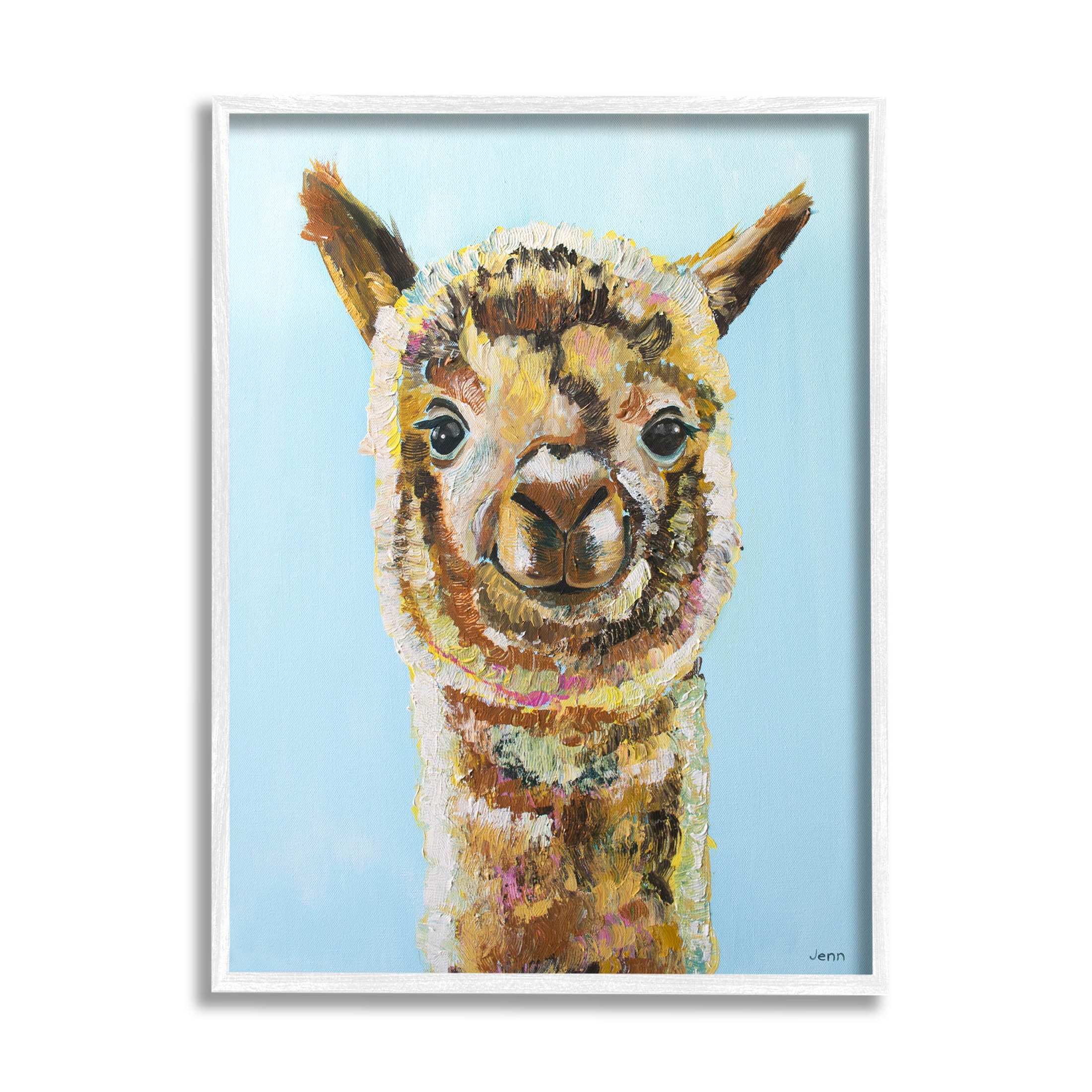 Happy Llama Farm Animal Face Animals & Insects Painting White Framed Art Print Wall Art