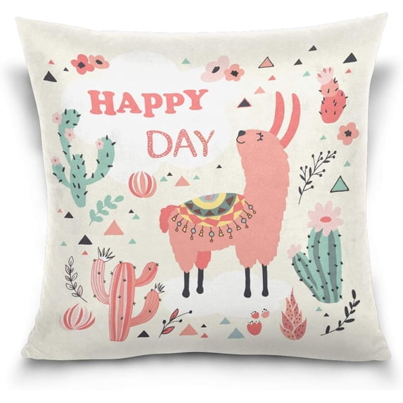Happy Llama Flowers and Cacti Velvet Oblong Lumbar Plush Throw Pillow Cover/Shams Cushion Case - 16" x 16" - Decorative Invisible Zipper Design for Couch Sofa Pillowcase Only