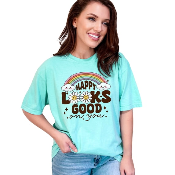 Happy Looks Good On You Rainbow T-Shirt, Smiley Flowers Graphic Tee, Positive Vibes Shirt, Cute Daisy Design Top, Colorful Rainbow Shirt, Chalky Mint Comfort Colors T-Shirt, XL