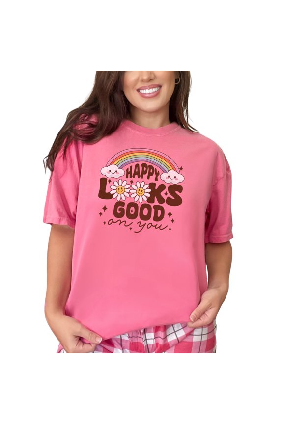 Happy Looks Good On You Rainbow T-Shirt, Smiley Flowers Graphic Tee, Positive Vibes Shirt, Cute Daisy Design Top, Colorful Rainbow Shirt, Crunchberry Comfort Colors T-Shirt, Small