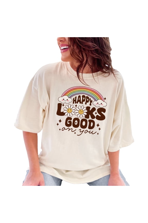 Happy Looks Good On You Rainbow T-Shirt, Smiley Flowers Graphic Tee, Positive Vibes Shirt, Cute Daisy Design Top, Colorful Rainbow Shirt, Ivory Comfort Colors T-Shirt, Large
