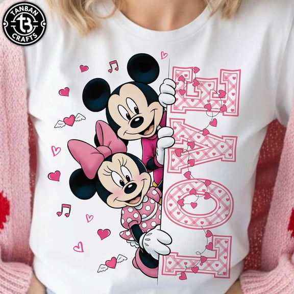 Happy Love Cartoon Shirt Mouse And Friends Movie Style Pink Hearts Tee Soft WHITE S-5XL