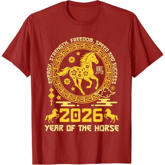 Happy Lunar New Year 2026 Year of the Horse Red T-Shirt with Yellow ...