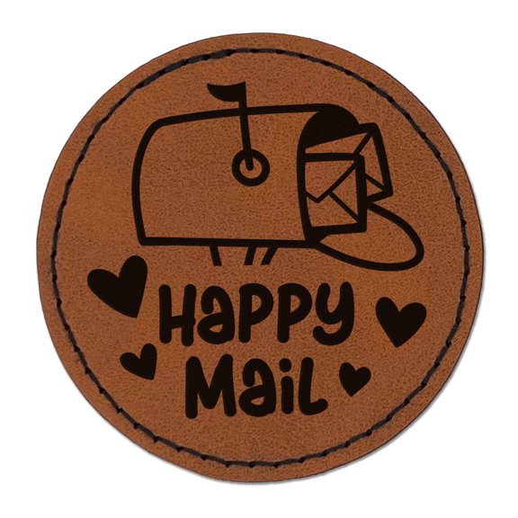 Happy Mail Envelope Mailbox with Heart 2.5" Faux Leather Round Engraved Iron-On Patch - Brown