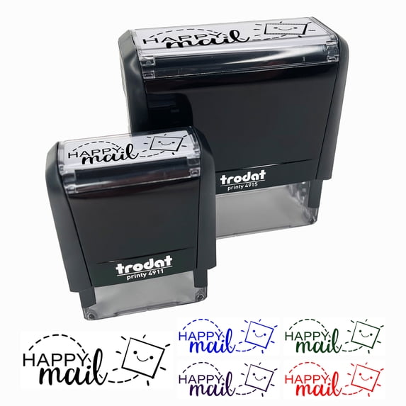 Happy Mail Smiling Package Letter Self-Inking Rubber Stamp Ink Stamper for Business Office - Sky Blue Ink - Large 2-2/4 Inch