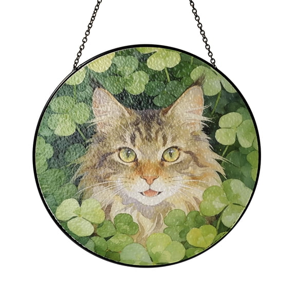 Happy Maine Coon Welcome St Patrick's Day Lucky Shamrocks Clover Stained Glass Suncatcher Cat Lover Kitten Owner Gifts Window Hanging Sign Decor - 22001