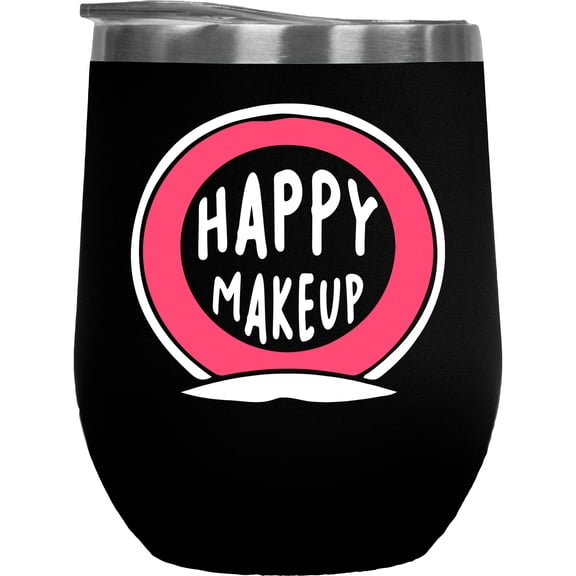 Happy Makeup with Compact Mirror, Beauty Themed Merch Gift for Makeup Artist or Lovers, Cosmetologists & Beauticians, Black 12oz Insulated Wine Tumbler