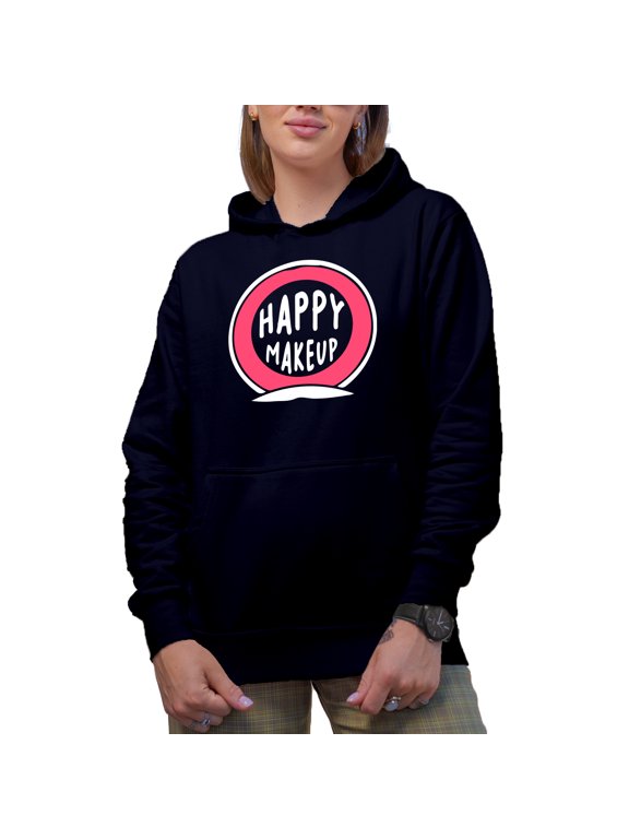 Happy Makeup with Compact Mirror, Beauty Themed Merch Gift for Makeup Artist or Lovers, Cosmetologists & Beauticians, Navy Blue Hooded Sweatshirt or Hoodie, Small