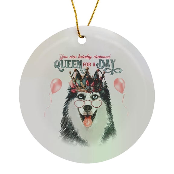3drose, Happy Malamute Husky Dog in a Floral Crown Queen for a Day Theme, Circle Porcelain Ornament