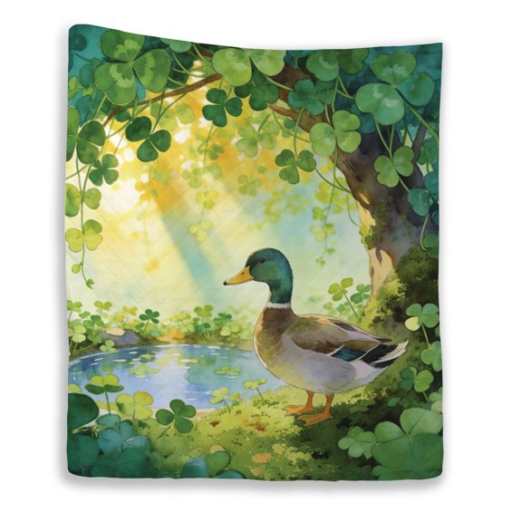 Happy Mallard Duck Welcome St Patrick's Day Lucky Shamrocks Clover Quilt Blanket Wild Duck Lover Cozy Comforter Throw Blanket - 22001