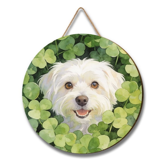 Happy Maltese Welcome St Patrick's Day Lucky Shamrocks Clover Round Wood Sign Maltese Dog Lover Gifts Idea Hanging Wall Home Decor - 22001