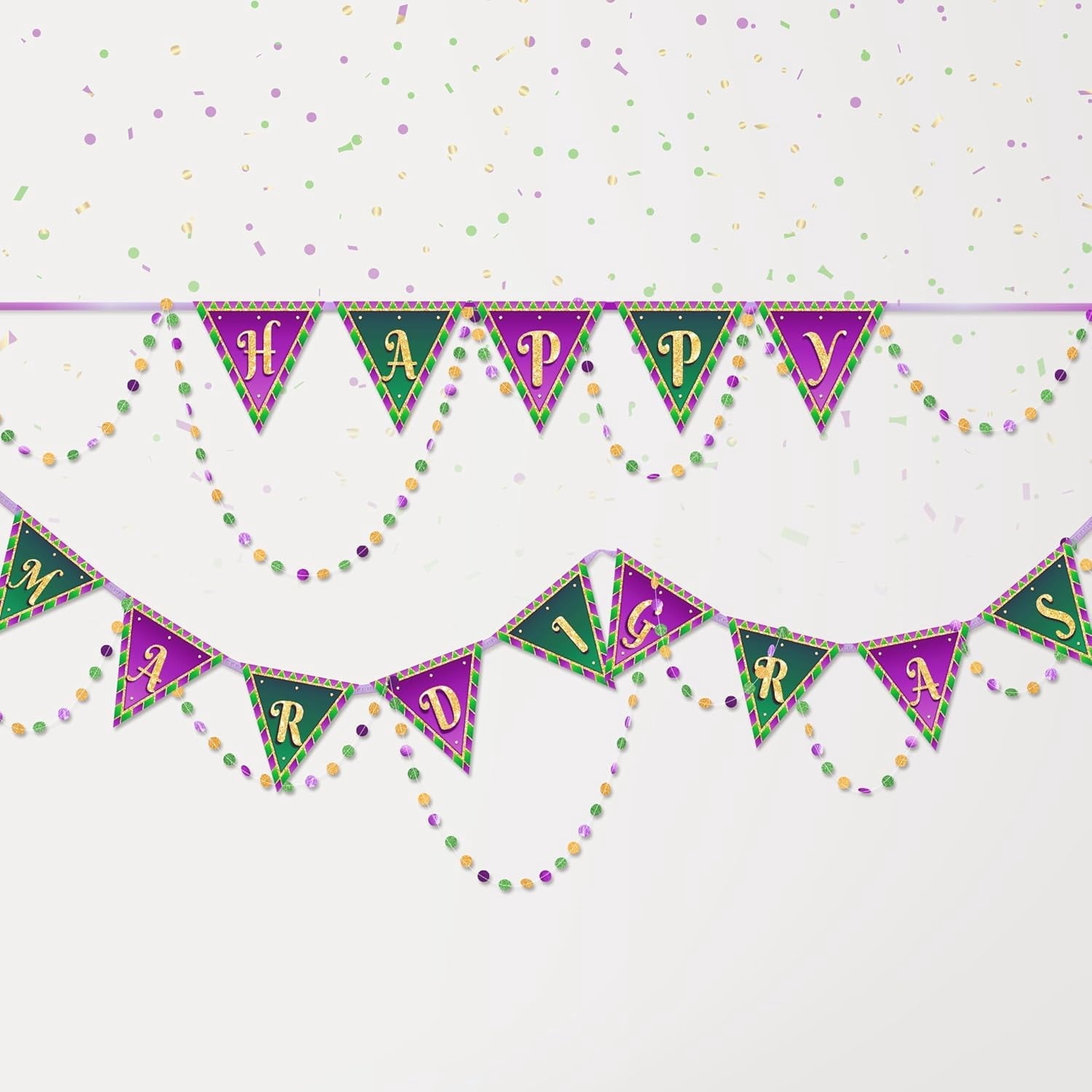 Cheerland Mardi Gras Banner and Paper Bead Garland Set, Triangle Flag ...