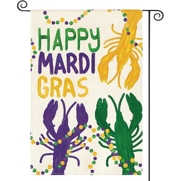 Happy Mardi Gras Crawfish Garden Flag 12x18 Inch Double Sided Boil Beads Carnival Yard Outdoor Flag
