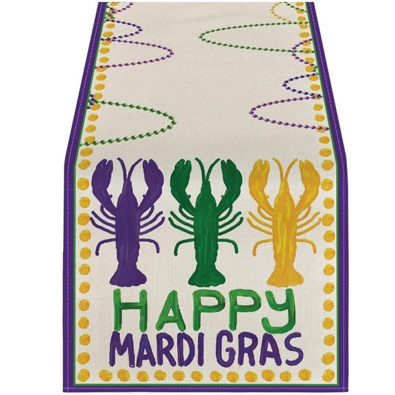 Happy Mardi Gras Crayfish Table Runner Seasonal Holiday Carnival Beads Kitchen Dining Table Decor for Indoor Outdoor Farmhouse Home Party Decoration