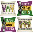 thumbnail image 1 of Happy Mardi Gras Decorative Throw Pillow Covers 18 x 18 Set of 4, Beads Bling Crawfish Ice Cream New Orleans Carnival Cushion Case Decor, Mask Fleur De Lis Holiday Home Decoration for Sofa Couch, 1 of 5