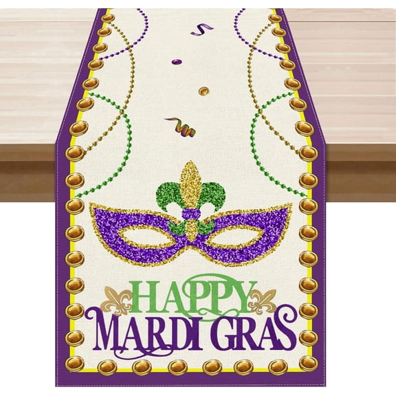 Happy Mardi Gras Fleur De Lis Iris Masquerade Mask Beads Cloth Table Runner Burlap Table Decoration for Home Kitchen Dining Dinner Indoor Holiday Farmhouse Decor 13.8x108 Inch