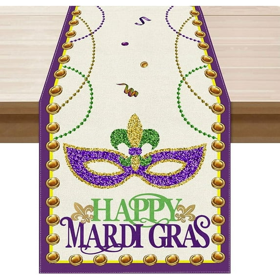 Happy Mardi Gras Fleur De Lis Iris Masquerade Mask Beads Cloth Table Runner Burlap Table Decoration for Home Kitchen Dining Indoor Holiday Farmhouse Decor 13x72 Inch