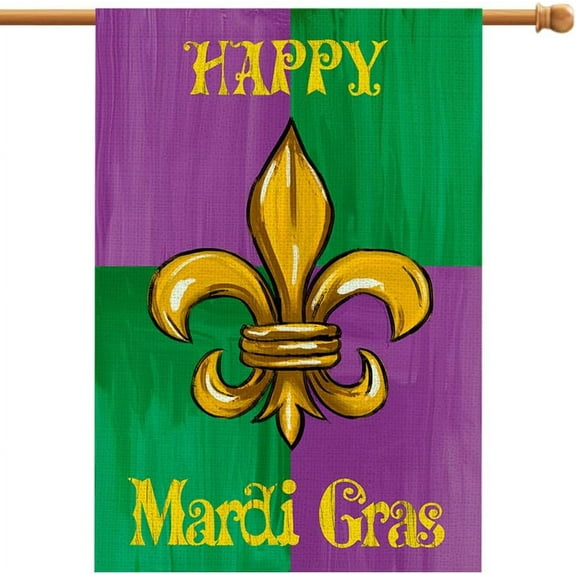 Happy Mardi Gras House Flag 28x40 Inch Burlap Vertical Double Sided, Carnival Fleur de Lis Sign Holiday Party Large Yard Farmhouse Outdoor Decoration DF438-28