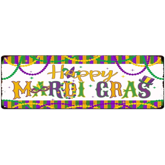 Happy Mardi Gras Tin Sign Art Poster Wall Door Decor Purple Green Gold Mardi Gras Carnival Craft Decorations for Home Farmhouse Bar Kitchen Shop Yard 4"x16" Street Metal Sign Hanging Plaque
