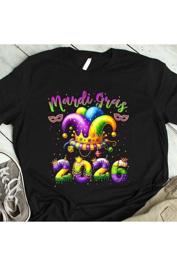 Happy Mardi Gras Two Thousand Twenty Six Jester Hat New Orleans Graphic,for men and women up to 5XL