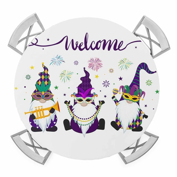 Happy Mask Gnomes Elastic Fitted Round Table Cover Mardi Gras Gnomes Waterproof Outdoor Tablecloth for Holiday Party, Picnic, Patio & Dining Fits Tables Up to 55"-60"