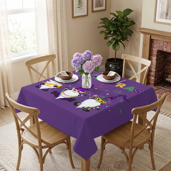 Happy Mask Gnomes Square Tablecloth 54x54 Inch Mardi Gras Gnomes Purple Waterproof Polyester Tablecloth for Dining Table, Washable Table Cover for Kitchen Dining Room Wedding,Stain Resistant