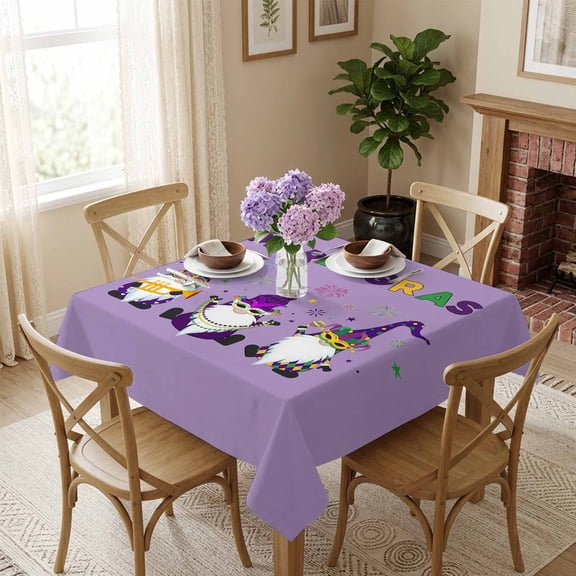 Happy Mask Gnomes Square Tablecloth 54x54 Inch Purple Mardi Gras Firework Waterproof Polyester Tablecloth for Dining Table, Washable Table Cover for Kitchen Dining Room Wedding,Stain Resistant