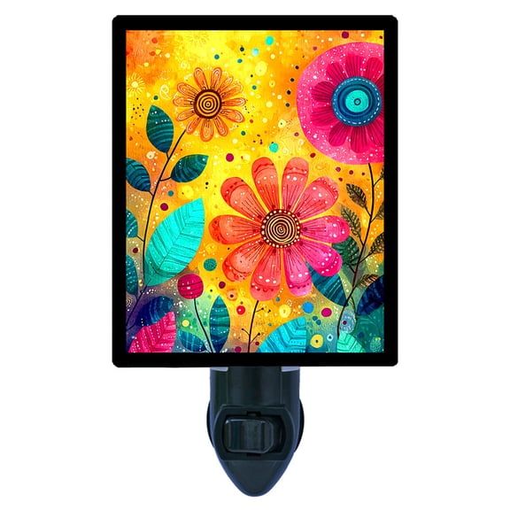 Happy Meadow Night Light Colorful Floral Art with Bright Boho Flowers, Whimsical Spring Home Dcor Accent Includes Free Switchable Insert