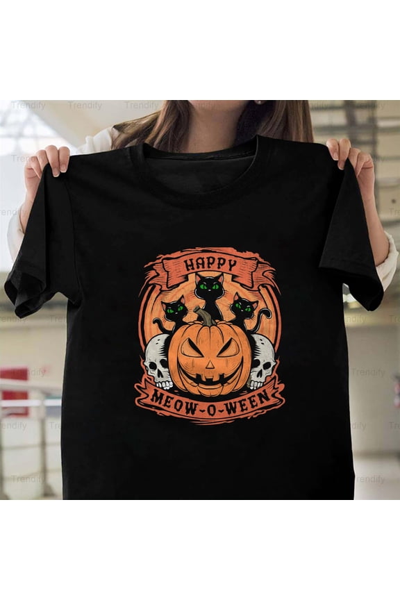 Happy Meow-O-Ween Design Black Cats And Jack-O'-Lantern H44655 Unisex T-Shirt, Up to 5XL Available