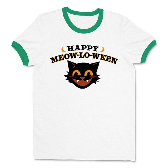 Happy Meow-lo-ween Ringer Tee Shirt Unisex 2X-Large White/Kelly Green