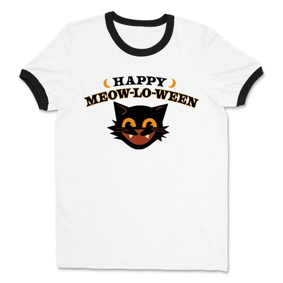 Happy Meow-lo-ween Ringer Tee Shirt Unisex Medium White/Black