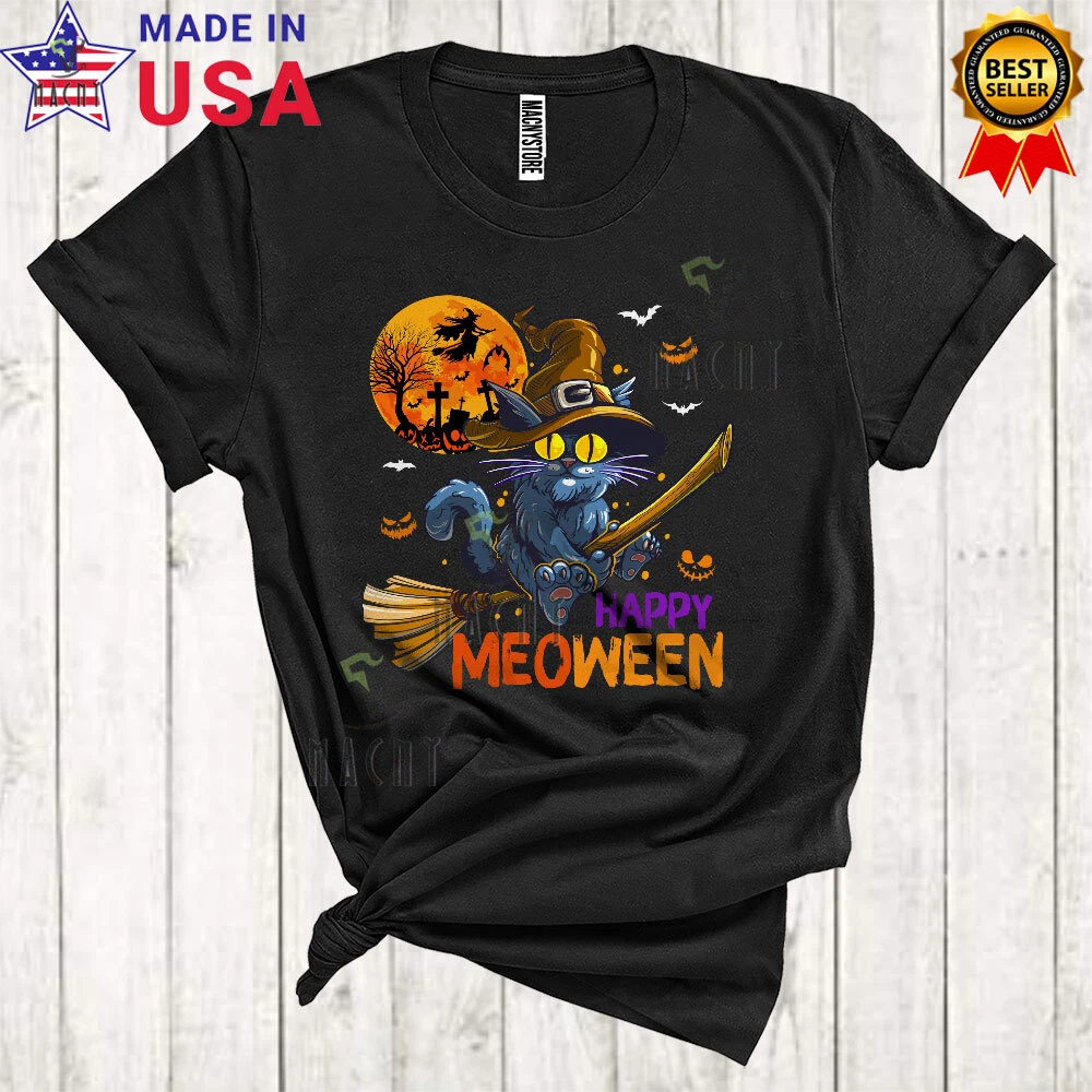 Cat Riding Food Happy Meoween Funny Halloween Cat Witch Riding Broomstick Cat Owner T ...